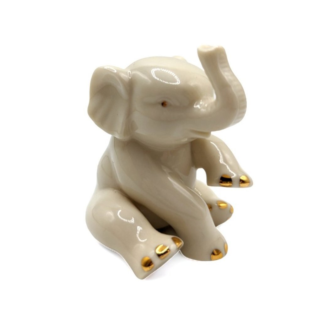 Lenox Sitting Baby Elephant Figurine with 24K Gold Trim 1990s VTG Trunk UP